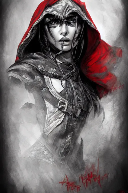 Image similar to thief red riding hood, d & d, fantasy, portrait, highly detailed, headshot, digital painting, trending on artstation, concept art, sharp focus, illustration, in travis charest style