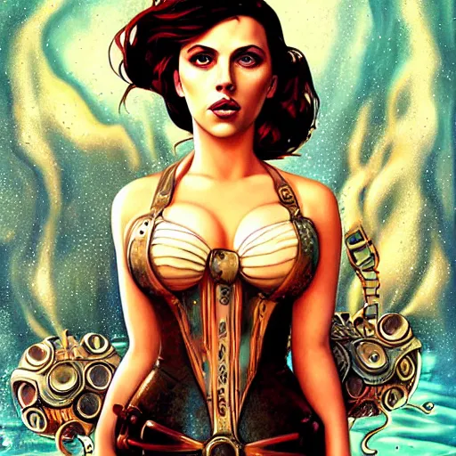 Prompt: underwater bioshock steampunk portrait of scarlett johansson, octopus, swimsuit, Pixar style, by Tristan Eaton Stanley Artgerm and Tom Bagshaw.