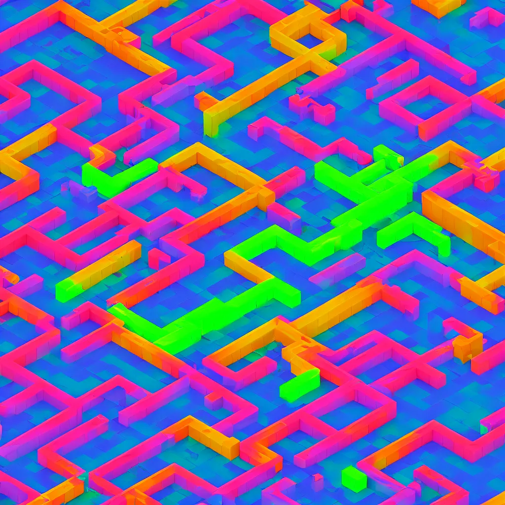 Image similar to wimmelbilder maze made of retro neon arcade landscape, isometric, octane render, unreal engine