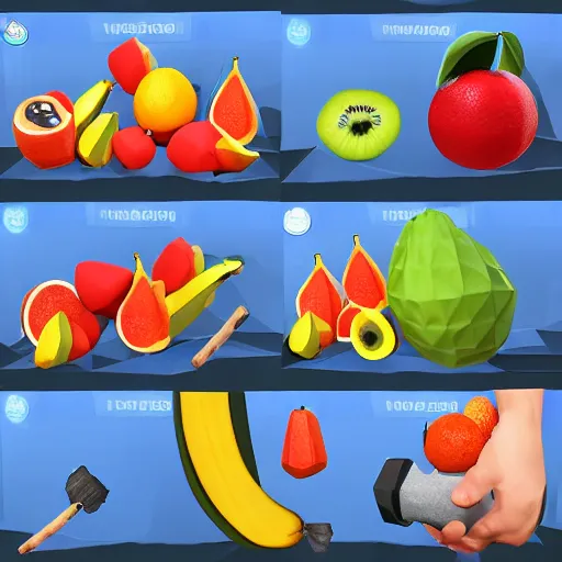 Image similar to vr game, axe in hand, variety of fruits on the front view, low poly