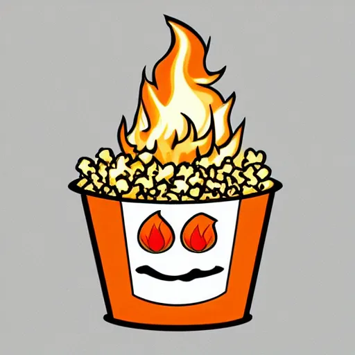 Image similar to fluffy popcorn hit by lightning, elemental spirit, in the style of a manga character, with a smiling face and flames for hair, sitting on a lotus flower, white background, simple, clean composition, symmetrical