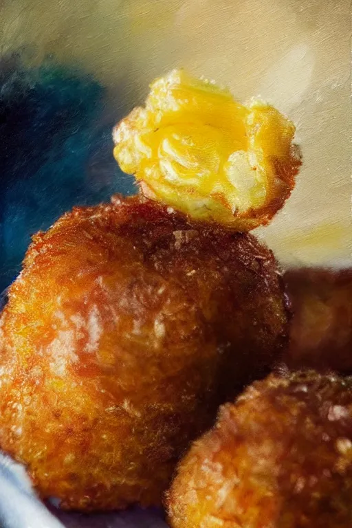 Image similar to a tater tot with channing tatum face, tater tot channing tatum, oil on canvas, intricate, 8 k highly professionally detailed, hdr, cgsociety