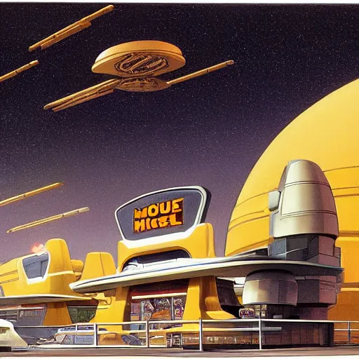 Image similar to intricately detailed ralph mcquarrie concept art of a futuristic mcdonalds with the golden arches displayed. a space station is seen off in the distance with various droids and people walking in the foreground. a trooper is seen holding a brown mcdonalds bag.