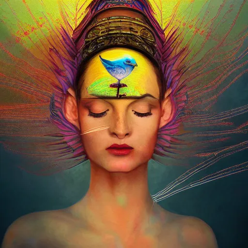 Prompt: beautiful painting of a bird-headed priestess suspended in the glitched sky in the style of Prateep Kochabua, Leonora Karrington, Welder Wings, Hervé Scott Flament, neosurreal digital art, detailed, trending on Artstation