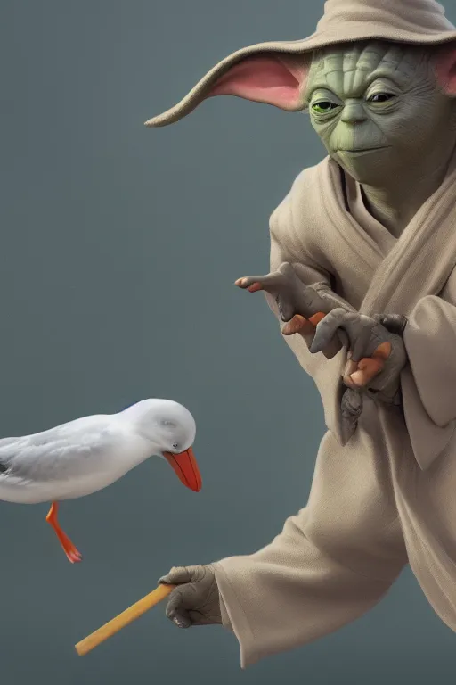 Image similar to Yoda smacking a seagull with a stick, hyperdetailed, artstation, cgsociety, 8k