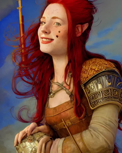 Prompt: fantasy portrait of a happy young women with red hair and freckles, slight smile, renaissance colorful dress, leather armor, music instrument in hand, backlit, made by N.C. Wyeth and Karol Bak, Artstation, 2d digital art, sfw,