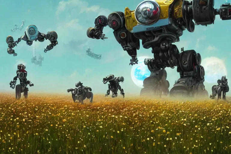 Image similar to robot dogs playing in a field of flowers, blue sky, huge moons by phil foglio and greg rutkowski and james gurney, trending on artstation, hdr, highly detailed