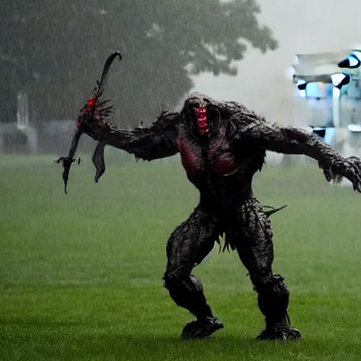 Prompt: a monster from predator is chasing joe biden on the white house lawn during a storm, dramatic