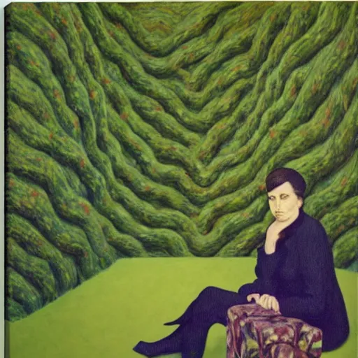 Image similar to portrait an artist in her apartment, wrapped in vines, black walls, puddles, moss, stone, acrylic on canvas, by magritte and monet