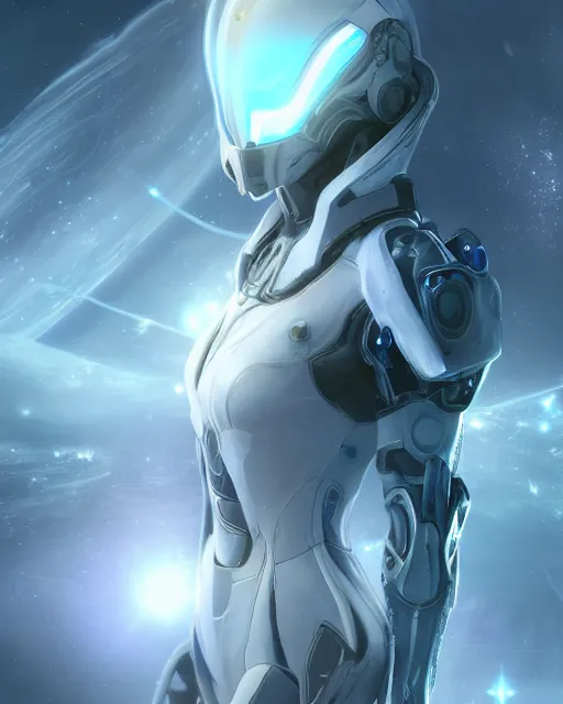 Image similar to photo of a beautiful girl on a mothership, android, warframe armor, pretty face, scifi, futuristic, galaxy, raytracing, dreamy, perfect, aura of light, pure, white hair, blue cyborg eyes, glow, insanely detailed, artstation, innocent look, art by gauthier leblanc, kazuya takahashi, huifeng huang