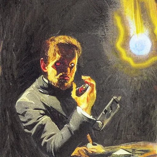 Prompt: A digital art. A rip in spacetime. Did this device in his hand open a portal to another dimension or reality?! cardinal by Harriet Backer, by Simon Bisley straight, sinister