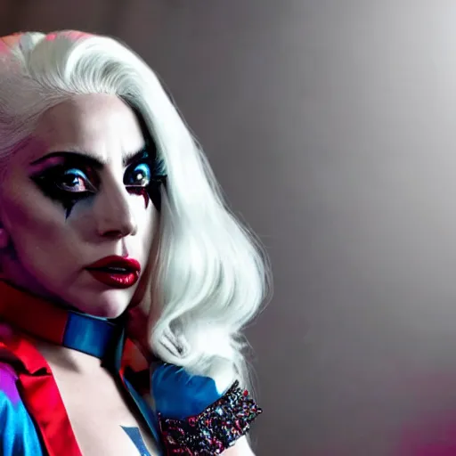 Prompt: beautiful awe inspiring Lady Gaga playing Harley Quinn 8k hdr moody lighting