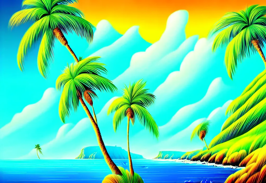 Prompt: a beautiful illustration of a breathtaking nature landscape vivid colors hills ocean cliffs palm trees by gediminas pr