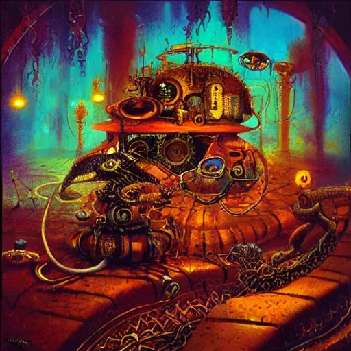 Image similar to steampunk rat, acid, 303, psychedelic, by paul lehr, cd cover for psytrance artist