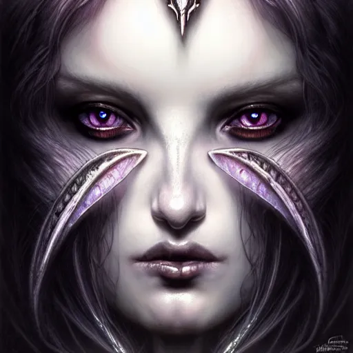 Prompt: portrait of a faerie queen grim dark, dark, piercing eyes, exotic expression, esoteric clothing, photorealistic, highly detailed, mysterious lighting, artstation, smooth, sharp focus, art by michael whelan, artgerm, greg rutkowski and luis royo