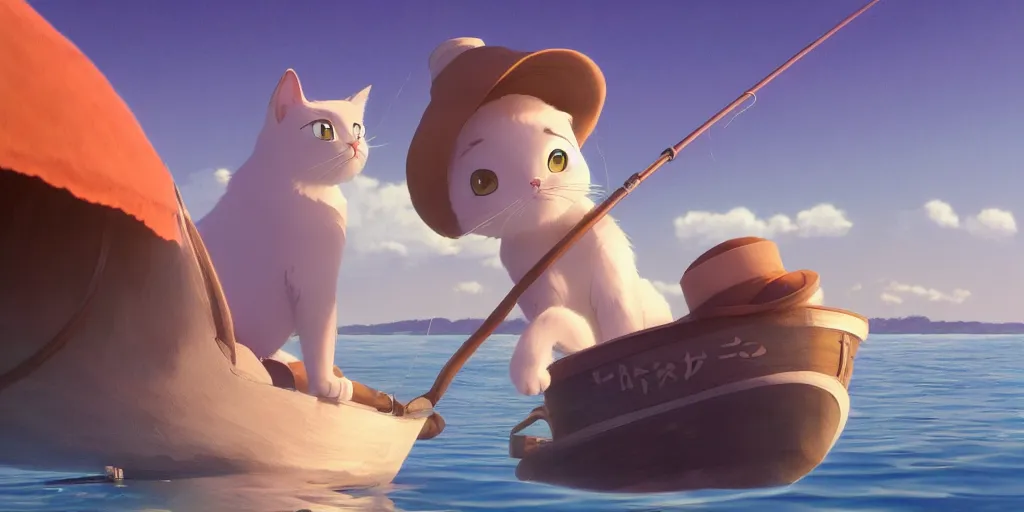 Image similar to a wholesome animation key shot of a cute cat on a fishing boat wearing a sunhat, studio ghibli, pixar and disney animation, sharp, rendered in unreal engine 5, anime key art by greg rutkowski, bloom, dramatic, dynamic lighting