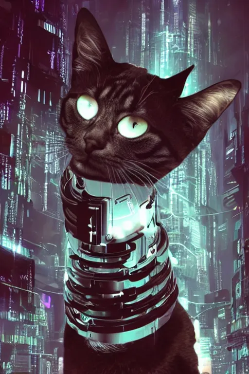 Prompt: photo of a cybernetic cat, cyberpunk elements,