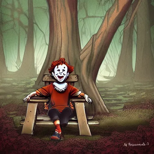 Prompt: pennywise sitting on a bench in the middle of a dark forest, sinister photo, illustration, digital art, well detailed