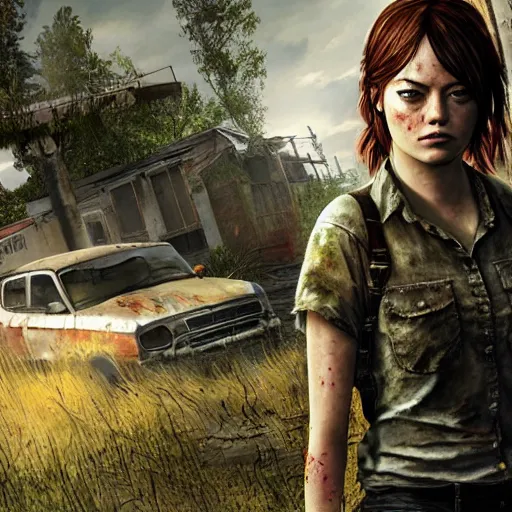 Prompt: emma stone in the last of us, apocalyptic background