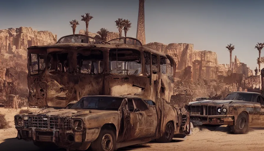 Image similar to bus of tourists visiting las vegas ruins in mad max, hyperdetailed, artstation, cgsociety, 8 k