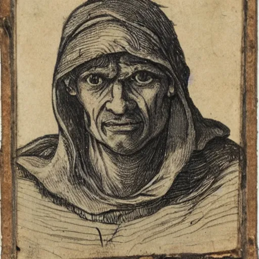 Image similar to A 17th Century beggar, with the letter B carved on his forehead, filthy, haggard, no teeth, dirty hair, Breughel