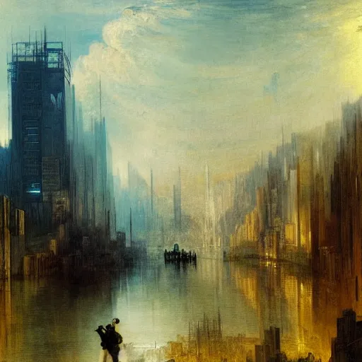 Image similar to cyberpunk city landscape with hooded figure painted by William Turner 1860