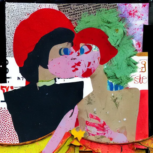 Image similar to two women kissing at a carnival, mixed media collage, retro, paper collage, magazine collage, acrylic paint splatters, bauhaus, claymation, layered paper art, sapphic visual poetry expressing the utmost of desires by junji ito