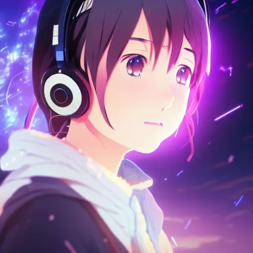 Image similar to an anime music producer with headphones on, official art, key visual, studio lightning, very detailed bd cover, Kimi no Na Wa, hyperrealistic, artstation, caustics, trending on Artstation, 8K, octane renderer, rtx on