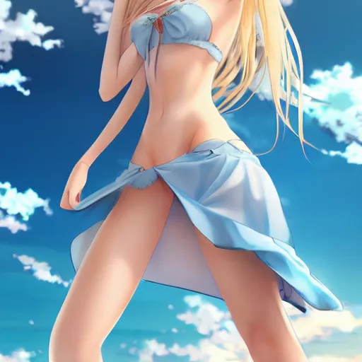 Image similar to a very beautiful young anime giantess with her tiny dad, full body, long wavy blond hair, sky blue eyes, full round face, evil grin, bikini, miniskirt, front view, mid - shot, highly detailed, cinematic wallpaper by stanley artgerm lau
