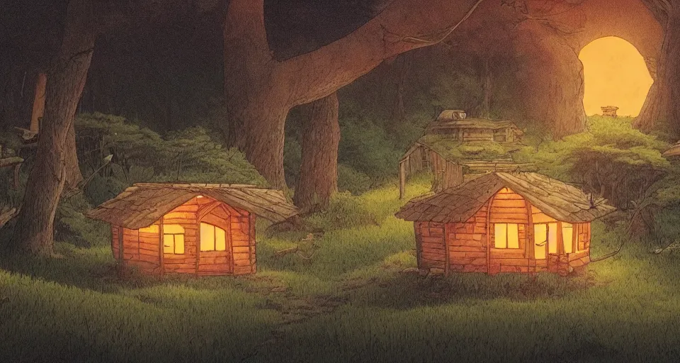 Image similar to beautiful wide shot cozy hut in the forest near river with fireflies , studio ghibli, Miyazaki, studio ghibli, Jean girard, Moebius , animation, golden hour, highly detailed, 70mm