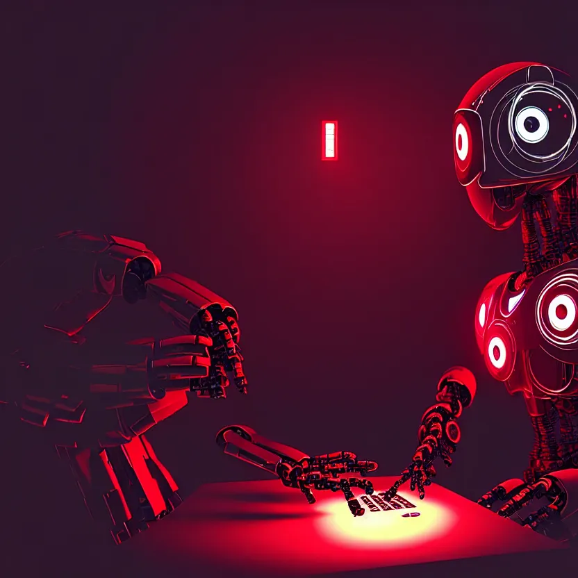 Prompt: a film still of a robot playing video games, cool, red, photo, realistic, hd, intricate details, cyberpunk, dark, horror, award - winning cinematic lighting, beautiful, 1 6 k