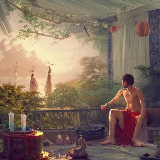 Image similar to painting of a god of wind enjoying his heavenly palace, decorated with windchimes and paper lanterns, stunning nature in background, art by greg rutkowski, cinematic