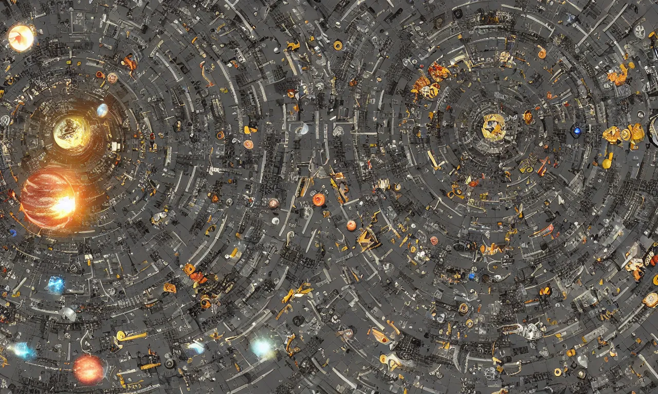 Image similar to a space junkyard forming a tilted disk with single vortex in the center, a graveyard of space stations and giant space structures in black starless space, dark sci - fi game map with solid background