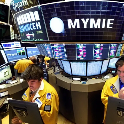 Prompt: pacman trading on the floor of the new york stock exchange, hd photo, circa 2 0 0 8