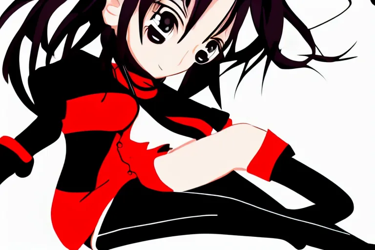 Image similar to a girl laying from left to right, wearing a black outfit with red trim, simple vector shaded anime style, simple anime digital art, 4 k