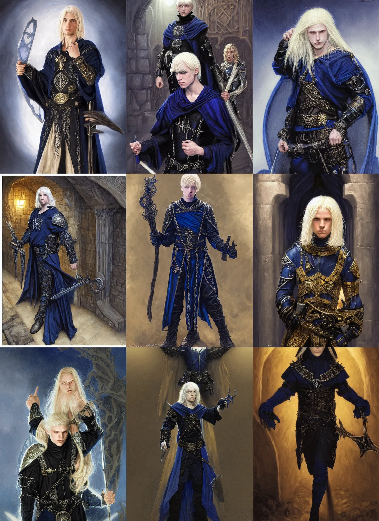 Prompt: a 1 7 year old white boy with platinum blonde hair, wearing dark blue and black medieval sorcerers garb, style by donato giancola, wayne reynolds, jeff easley dramatic light, high detail, cinematic lighting, artstation, dungeons and dragons