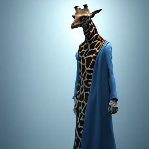 Image similar to a highly detailed portrait of a humanoid giraffe in a blue cloak, adventurer, artstation, deviantart, professional, unreal engine 5, octane render