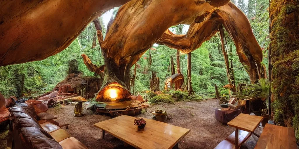 Image similar to cozy residence made from an enormous amantia mushroom, pacific northwest