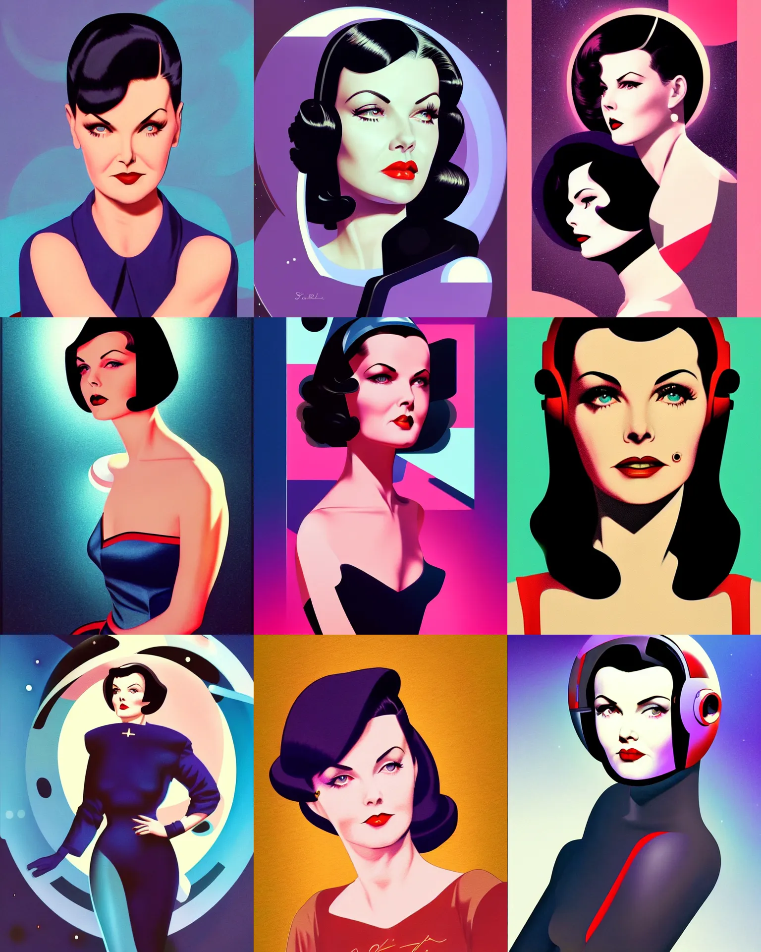 Prompt: sherilyn fenn fused with mary louise brooks 2 2 years old space woman, retro futurism, 1 9 5 0 s scifi, half portrait by stanley artgerm, dramatic lighting, ilya kuvshinov, trending on artstation, flat colour, geometric curves, gradient filter, pleasing tone colours