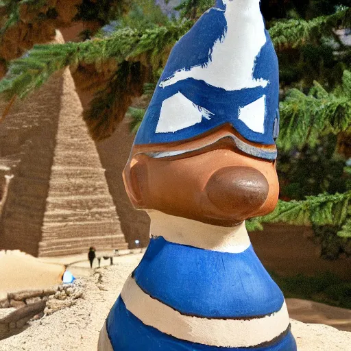 Image similar to the Sphinx in Egypt wearing a blue and white Dipper Pines hat with a blue pine tree logo