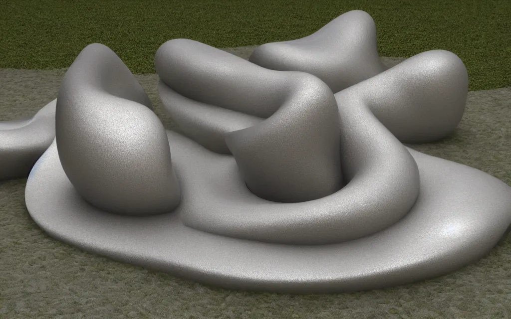 Image similar to abstract textured hollow forms as a metallic sculpture in a garden , smooth shiny texture, sculpted by Henry Moore Barbara Hepworth , Matte painting V Ray, warm volumetric lighting , 3D 8K HD trending on art station