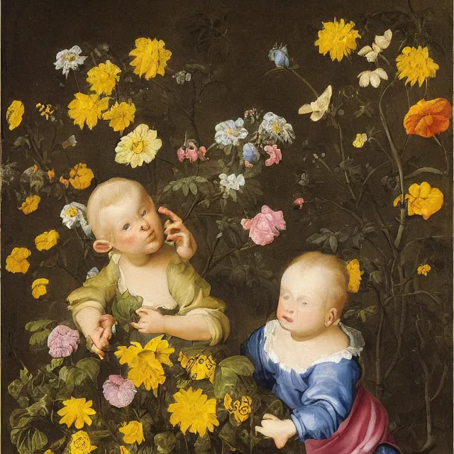 Image similar to a painting of flowers in a garden at night, blond baby with gray eyes with a blue scarf yellow t - shirt, a flemish baroque by jan van kessel the younger, intricate high detail masterpiece