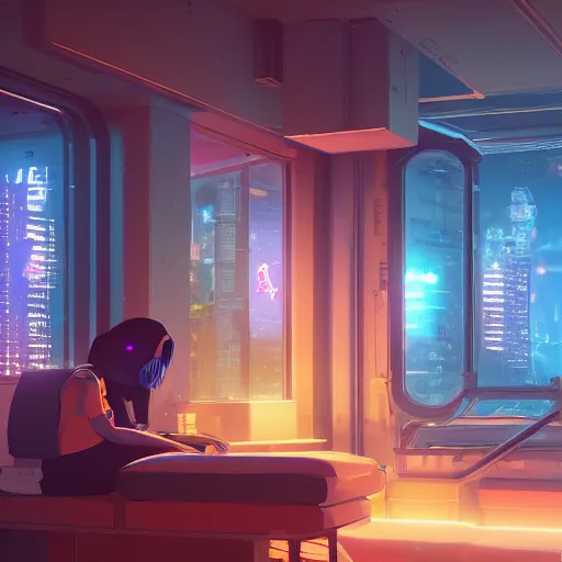 Image similar to the cyberpunk apartment, render, octane, 4k, highly detailed, vivid colors, high definition, by James Gilleard and Makoto Shinkai