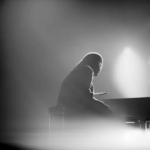 Prompt: stevie wonder sitting at a piano playing music. studio lighting, mood, god rays through fog..