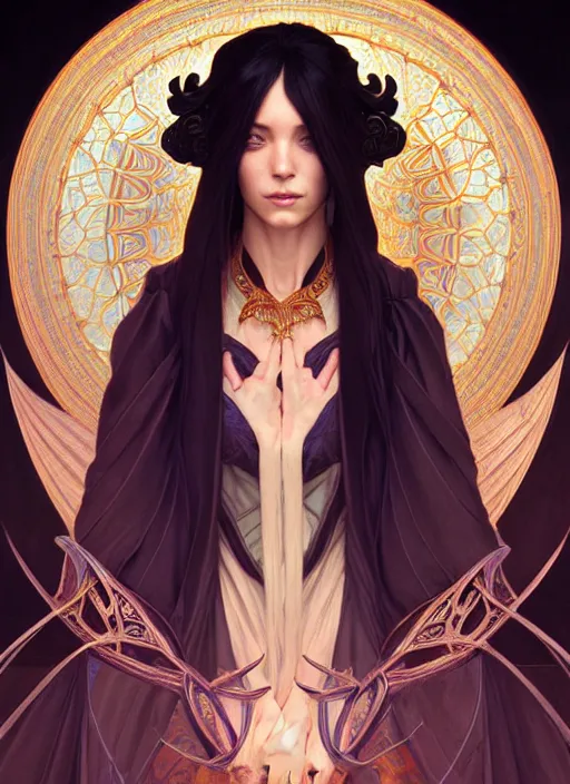 Image similar to symmetry!! portrait of a female sorcerer, dar fantasy, intricate, elegant, highly detailed, my rendition, digital painting, artstation, concept art, smooth, sharp focus, illustration, art by artgerm and greg rutkowski and alphonse mucha and huang guangjian and android jones and sachin teng