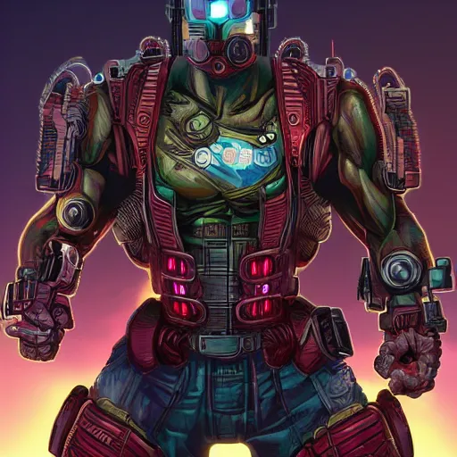 Image similar to cyberpunk anfas pepe, artstation, marvel, hyper detailed, muscles, transformers