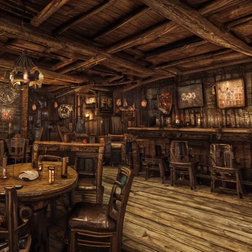 Prompt: Realistic Interior Concept design of very very very highly detailed Tavern in Mixed style of Medieval and in style of Cyberpunk, Many details by Hiromasa Ogura. More cyberpunk less Medieval. Panorama 360 degrees Rendered in unreal engine 5, artstationHD, 4k, 8k, 3d render, 3d Houdini, cinema 4d, octane RTX volumetric natural light without Yellow hue