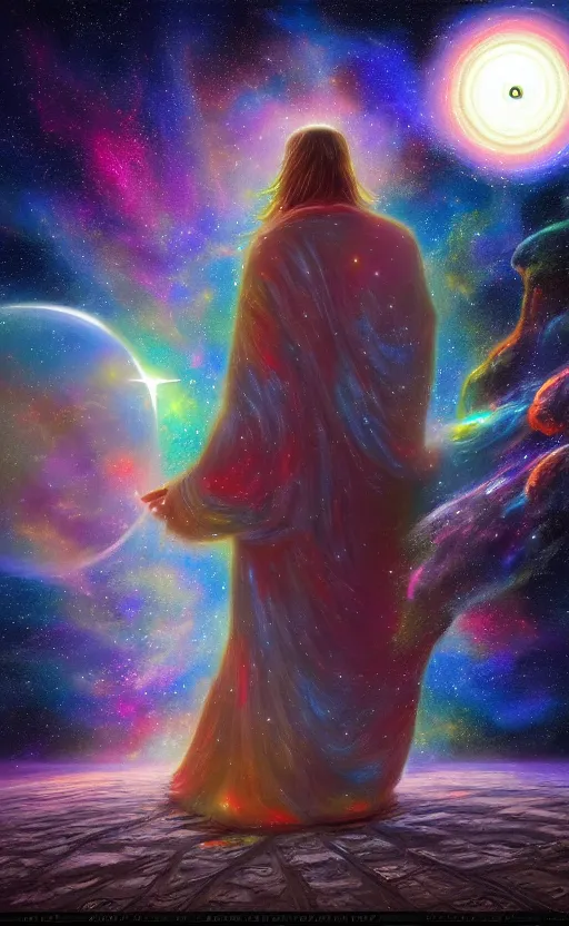 Image similar to Meeting God in the universe, digital art, trending on art station