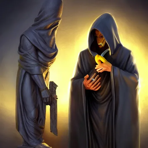 Image similar to a hooded cultist is stabbing a banana placed on an altar, in front of a stone statue of a forgotten god, by patrick mcenvoy and michael komarck and fantasy flight, incredible quality, trending on artstation