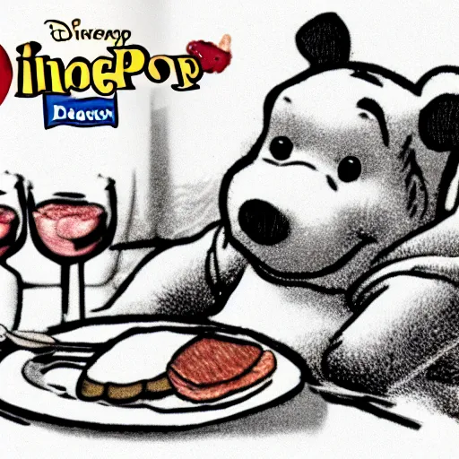 Image similar to close up of winnie the pooh with a plate of sausage and bacon and ham hock, cinematographic shot, cartoon